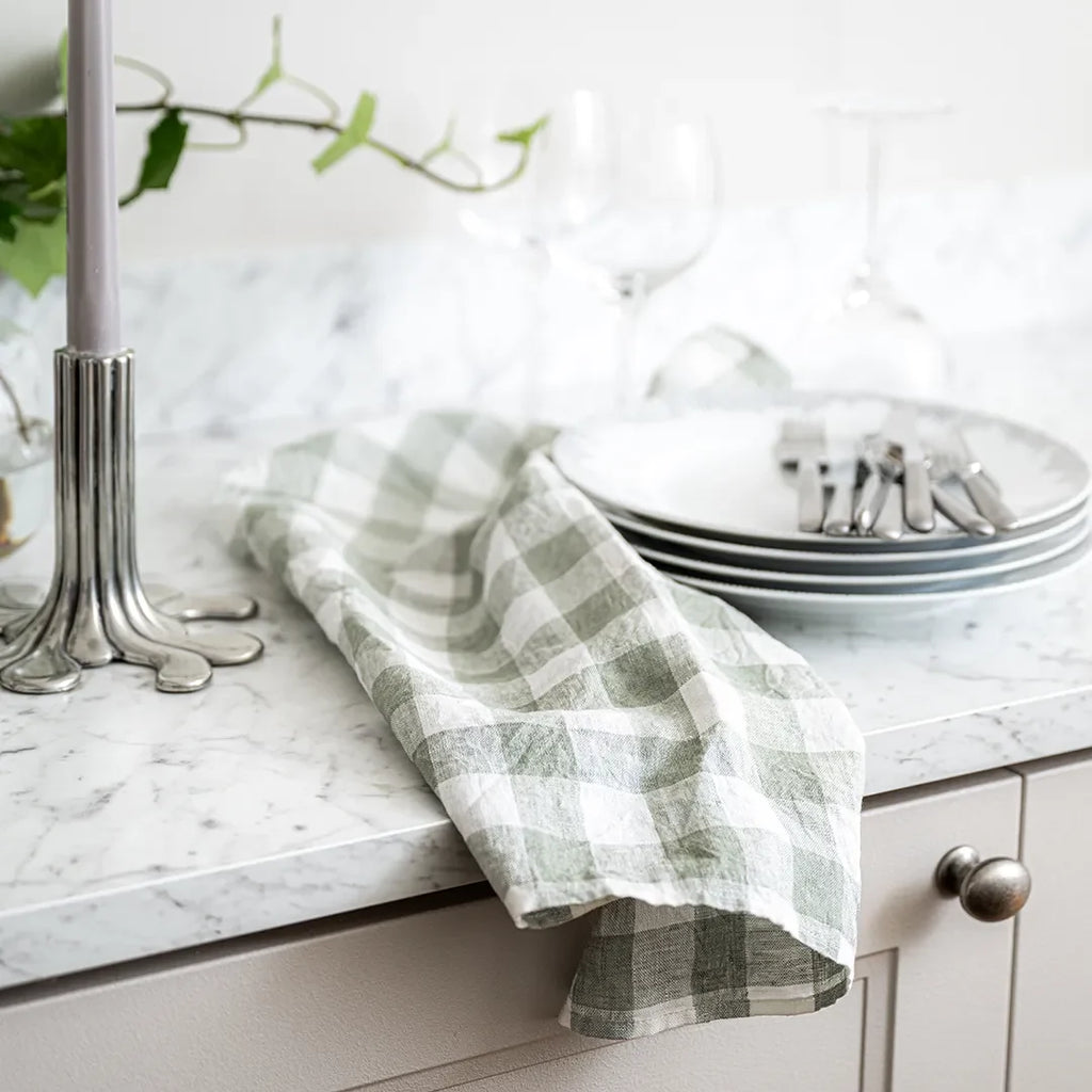Kökshandduk Gingham, Grågrön/Vit
