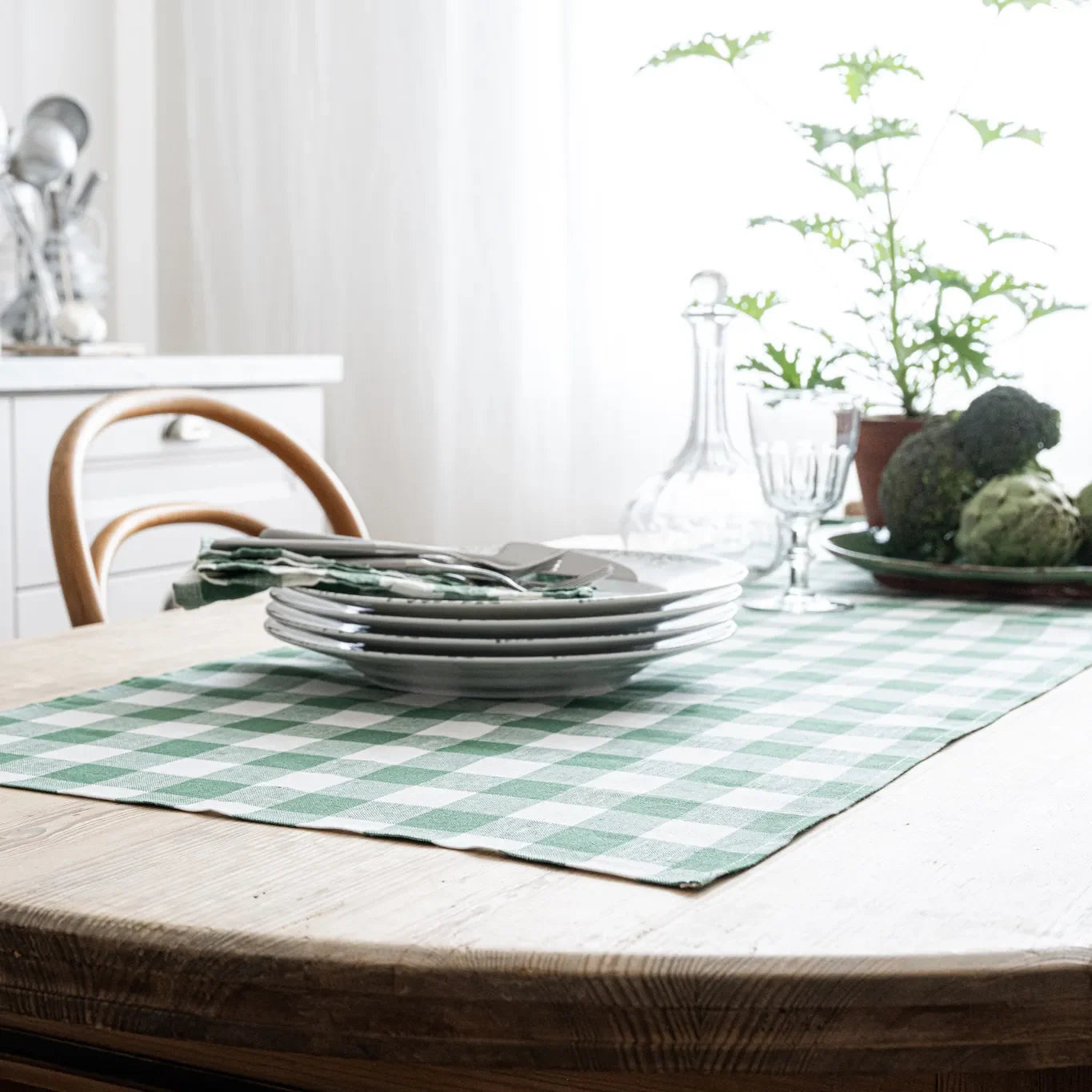 Löpare Gingham, Grågrön/Vit